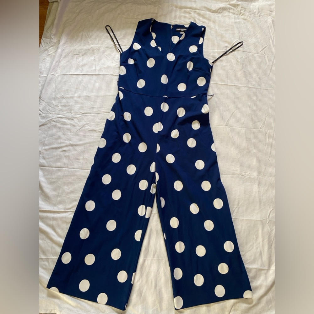 Karl Lagerfeld Navy and White Polka Dot Jumpsuit - Picture 2 of 9